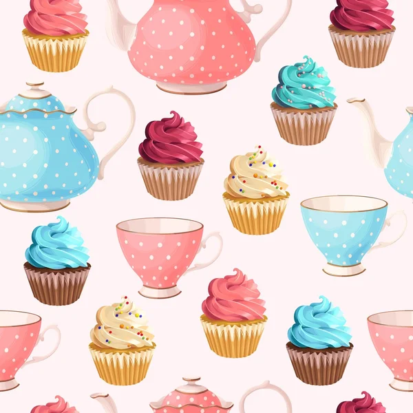 Copos de chá sem costura e cupcakes —  Vetores de Stock