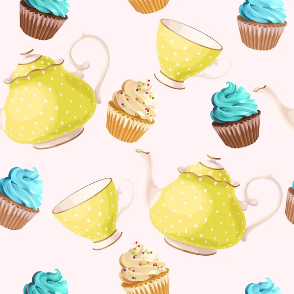 Seamless teacups and cupcakes — Stock Vector