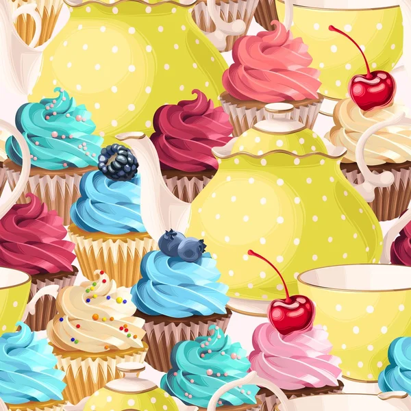 Sömlös tekoppar och cupcakes — Stock vektor