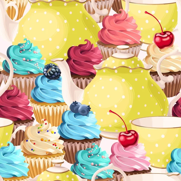 Copos de chá sem costura e cupcakes — Vetor de Stock