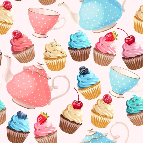 Copos de chá sem costura e cupcakes —  Vetores de Stock