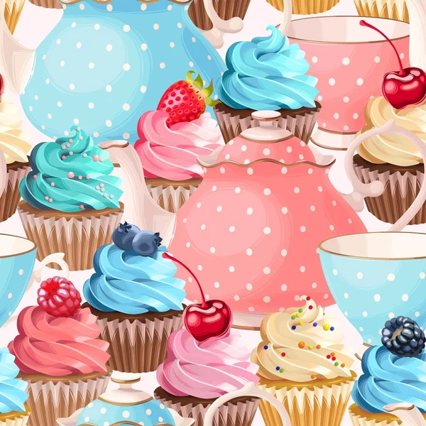 Copos de chá sem costura e cupcakes — Vetor de Stock