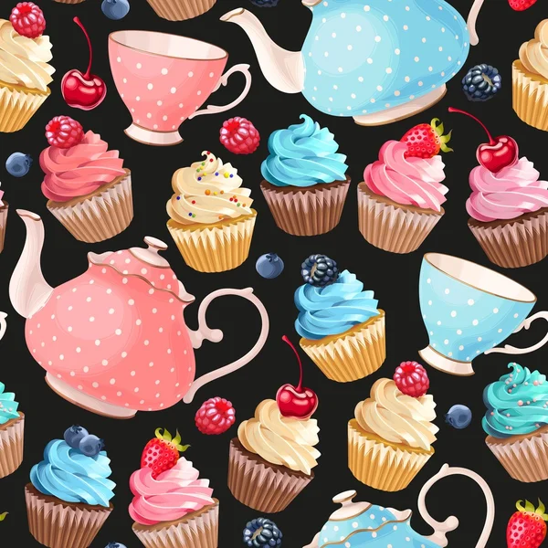 Copos de chá sem costura e cupcakes — Vetor de Stock