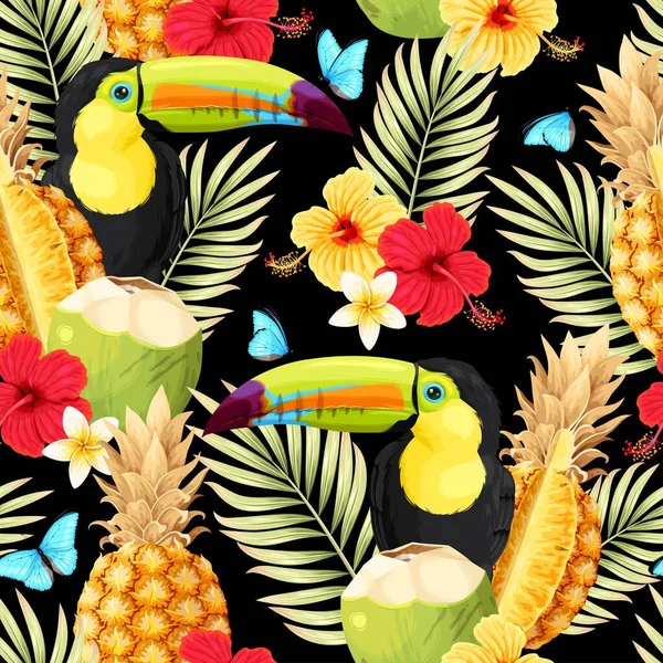 Modèle sans couture vectoriel avec toucan et fruits — Image vectorielle