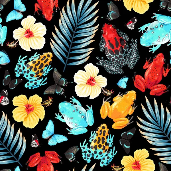 Vector seamless pattern with flowers and frogs — Wektor stockowy