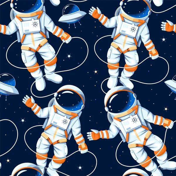 Vector seamless pattern with astronauts and stars — Stock Vector