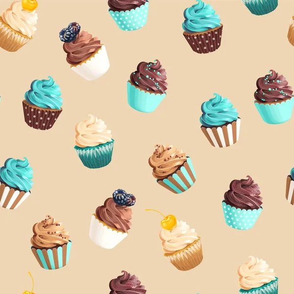 Patrón de vector sin costuras con cupcakes de color pastel — Archivo Imágenes Vectoriales