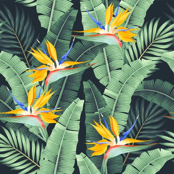 Vektornahtloses Muster mit Palmblatt und Blume — Stockvektor
