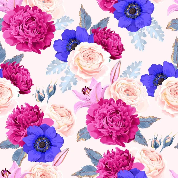 Vector seamless pattern with high detailed flowers — 스톡 벡터