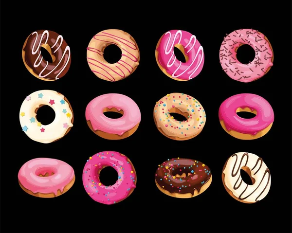 Ensemble vectoriel de donuts savoureux et détaillés — Image vectorielle