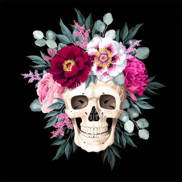Ilustración vectorial con cráneo humano y flores — Vector de stock