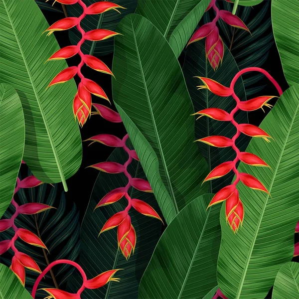 Pola dengan bunga tropis merah dan daun palem - Stok Vektor