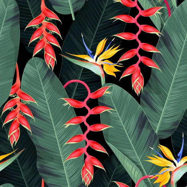 Pattern with red and yellow tropical flowers — Stock Vector