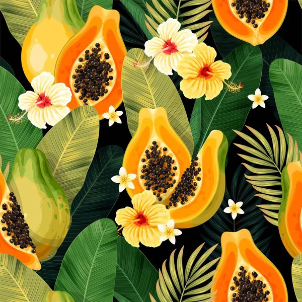 Patrón sin costura vectorial con papaya y hoja de palma — Archivo Imágenes Vectoriales