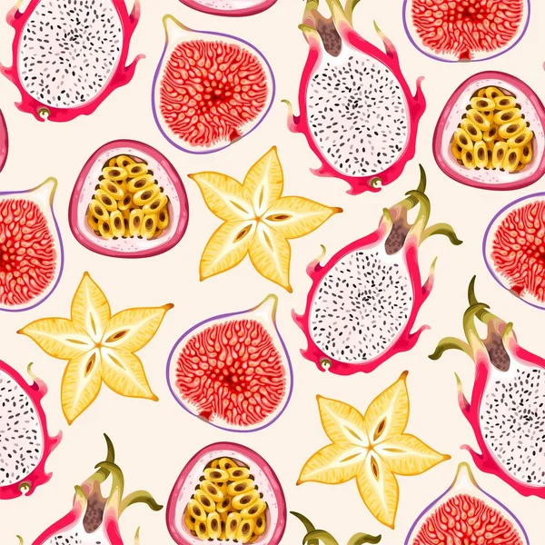 Διάνυσμα αδιάλειπτη μοτίβο με τροπικά φρούτα φέτα — Διανυσματικό Αρχείο