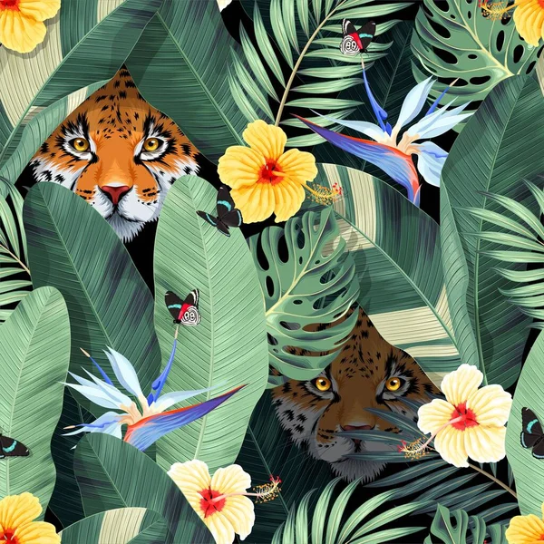 Sömlöst mönster med tropiska blommor och jaguar — Stock vektor