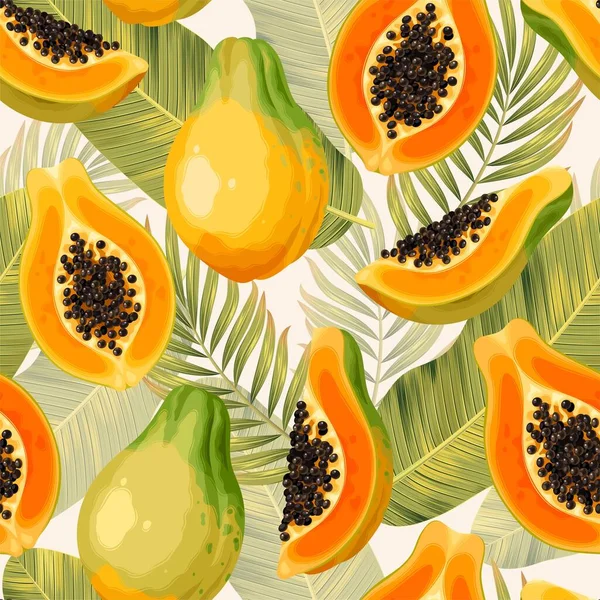 Vector seamless pattern with papaya and palm leaf — Stock Vector