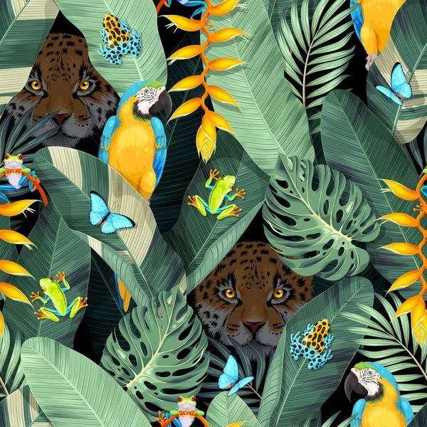 Płynny wzór z tropikalnymi ptakami i jaguarem — Wektor stockowy