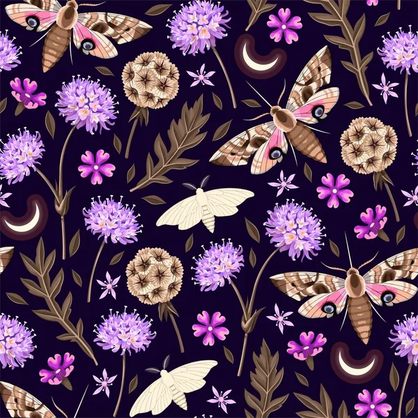 Vector seamless pattern with moth and flowers — Stockový vektor