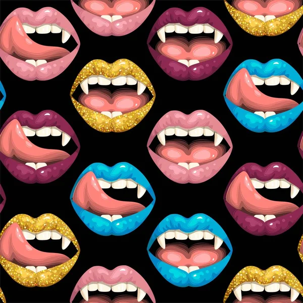 嘴唇和吸血鬼牙齿的无缝隙图案 — 图库矢量图片