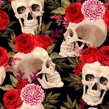 Kafatasları ve gül ile vektör seamless modeli