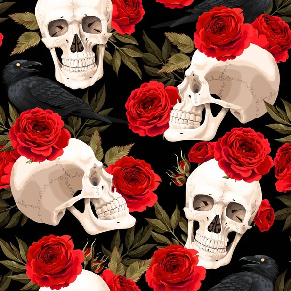 Patrón sin costura vectorial con cráneos y rosas — Vector de stock