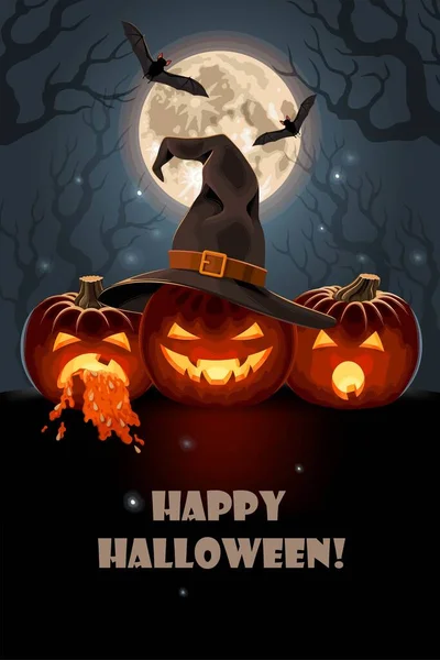 Poster de Halloween feliz com lua e abóboras — Vetor de Stock