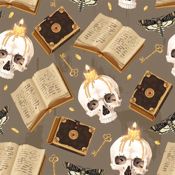 Patrón sin costuras con calaveras y libro de magia Ilustraciones De Stock Sin Royalties Gratis