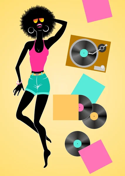 Chica africana escuchando grabadora de vinilo — Archivo Imágenes Vectoriales