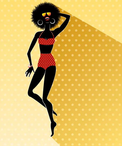 Mujer africana en traje de baño retro — Vector de stock