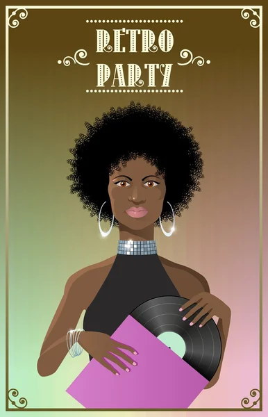 Bella signora africana stile discoteca con vinile — Vettoriale Stock