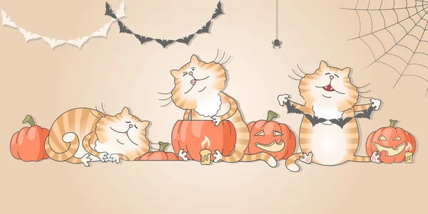 Lustige Katzen bereiten Dekorationen für Halloween vor — Stockvektor
