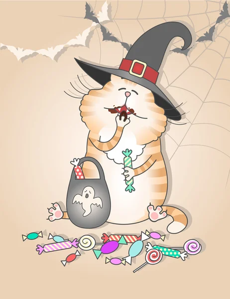 Смешная кошка ест конфеты на Хэллоуин — стоковый вектор