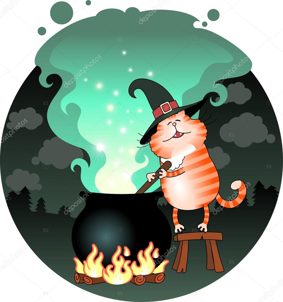 Funny cat сooking a potion in a cauldron