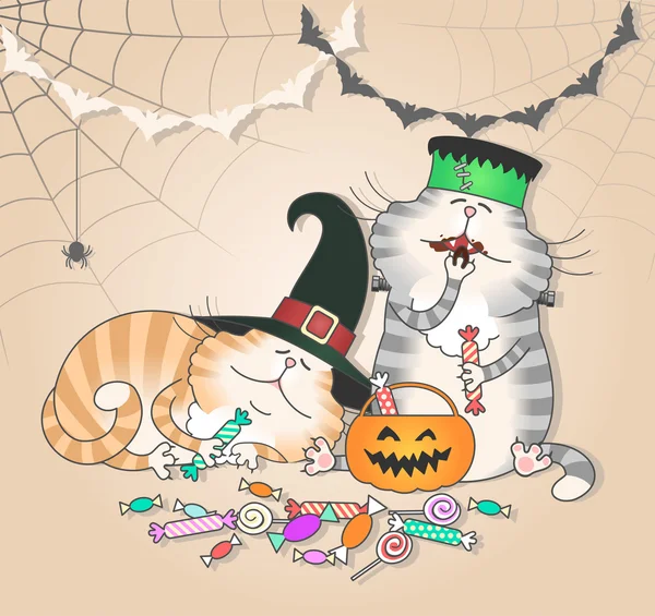 Gatos divertidos comen caramelos de Halloween — Vector de stock