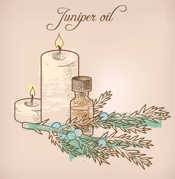 Juniper essential oil and candles — Stock Vector