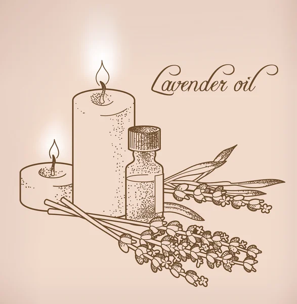 Lavendel etherische olie en kaarsen — Stockvector