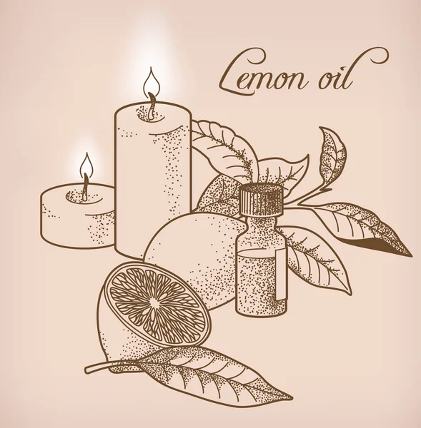Lemon essential oil and candles — Stock Vector