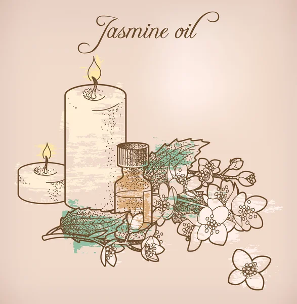 Jasmine essential oil and candles — Stock Vector