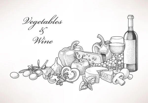 Wine, cheese and vegetables — Stock Illustration Wine, cheese and vegetables Stock Illustration