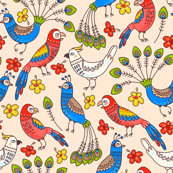 Perroquets et paons sans couture — Image vectorielle