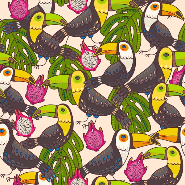 Naadloze toucan en pitaya — Stockvector