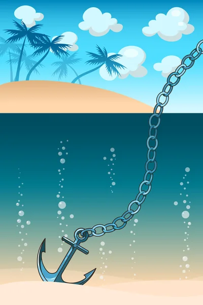 Anchor in the water near  tropical island — Stock Vector