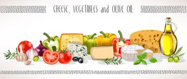 Olive oil, vegetables and cheese composition clipart
