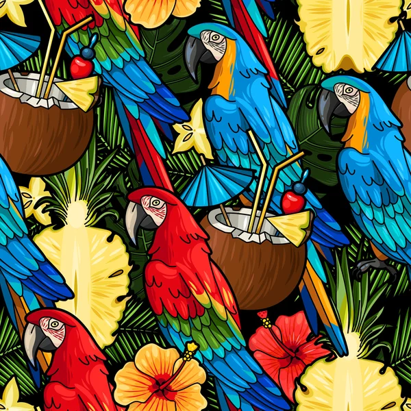 Macaw et cocktail tropical sans couture — Image vectorielle