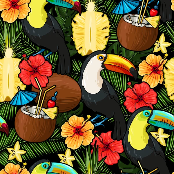 Tucán y cóctel tropical sin costuras — Vector de stock