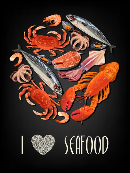 Seafood on black background — Stock Vector