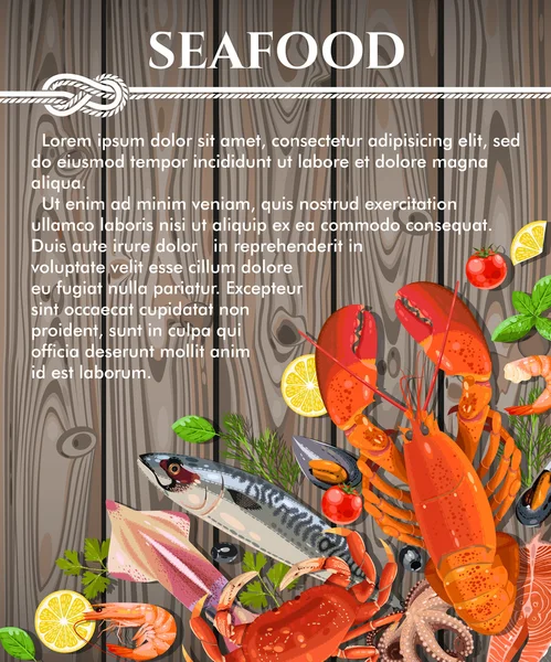 Fruits de mer sur fond en bois — Image vectorielle