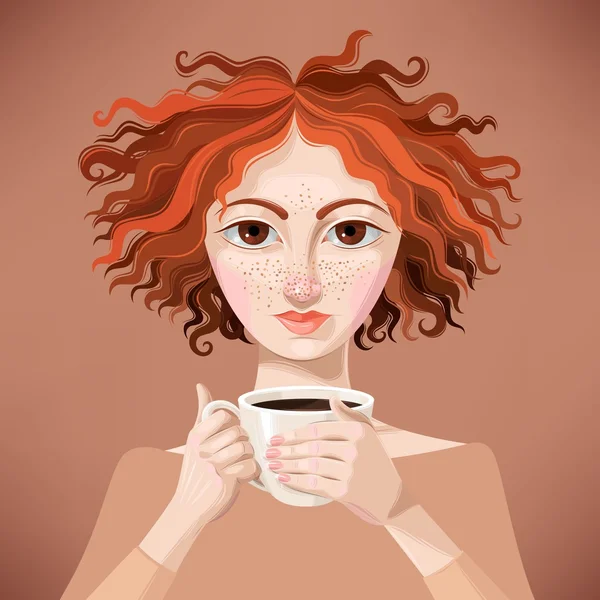 Chica jengibre con café — Vector de stock