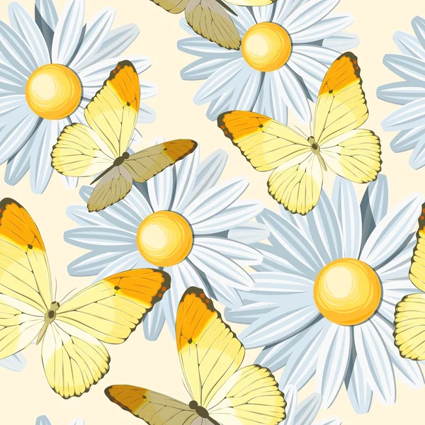Kamille en vlinder naadloze — Stockvector